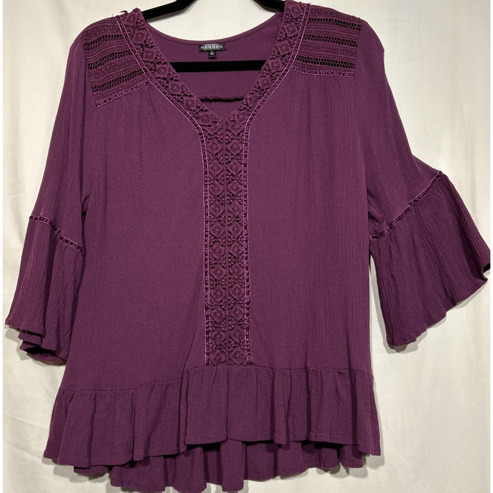 Romantic Peasant Lagenlook Lace Ribbon Details Purple Top Size L Bell Sleeve 3/4